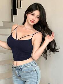 DAZY Women Simple Solid Color Casual Cami Top Tank Tops - Navy Blue - View 4