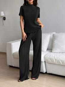 Almamuse Bộ 2 quần dài tay ngắn cổ lọ màu trơn dành cho nữ, mùa hè - màu đen - Xem 4