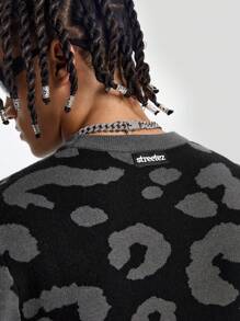 Manfinity VCAY Men's Leopard Print Crew Neck Sweater, For Fall Winter - Black - View 4