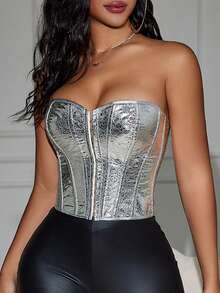 Punk Bạc Kim Loại Grommet Silicon Overbust Phối Ren Hở Lưng Da PU Boned Áo Định Crop Ống Top - Bạc - Xem 4