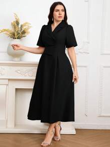 Modelyn 大码优雅纯色翻领腰中长连衣裙，夏季 - 黑色 - 查看 7