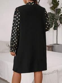SHEIN Clasi Vestido casual de manga larga con estampado de lunares y decoración de moño para mujeres de talla grande
