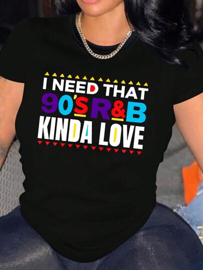 Letter Print Women Short Sleeve Round Neck T-Shirt