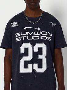 SUMWON Washed Tee With Number Graphic Print