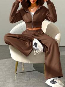 SHEIN EZwear 女式春季时尚粉色拉链连帽运动衫和裤子两件套 - 棕色 - 查看 3