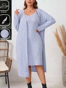 SHEIN LUNE 大码罗纹吊带裙 + 开衫 2 件套秋季女装女士服装套装旅行装机场 - 藍色 - 查看 4