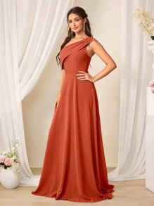 SHEIN Belle 纯色不对称领口褶皱合身伴娘礼服，优雅礼服