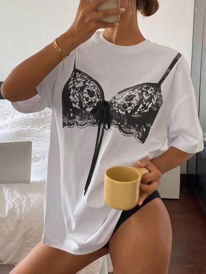 Livesso Damska koszulka z okrągłym dekoltem, nadrukowanym wzorem i wiązaniem z przodu, codzienna, swobodna, stylowa koszulka z grafiką