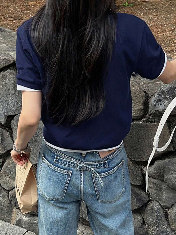 Women Polo Collar Navy Blue T-Shirt