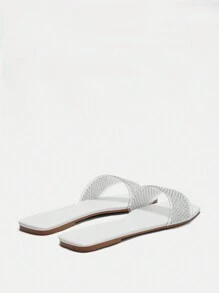 CUCCOO HITCHD Comfortable Silver Rhinestone Mules Women's Flat Sandals With Square Toe Halloween - White - View 5