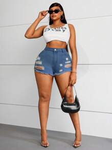 SHEIN SXY Plus Size Fashion Distressed Denim Shorts - Medium Wash - View 3