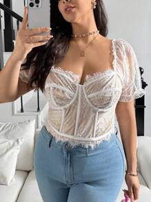 SHEIN Privé 大码女式优雅蕾丝边透明紧身胸衣上衣 - 白色 - 查看 3