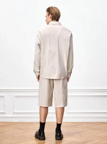 Mainfolk Men's Woven Casual Single-Breasted Solid Color Long Sleeve Shirt And Shorts Set - Apricot - View 2