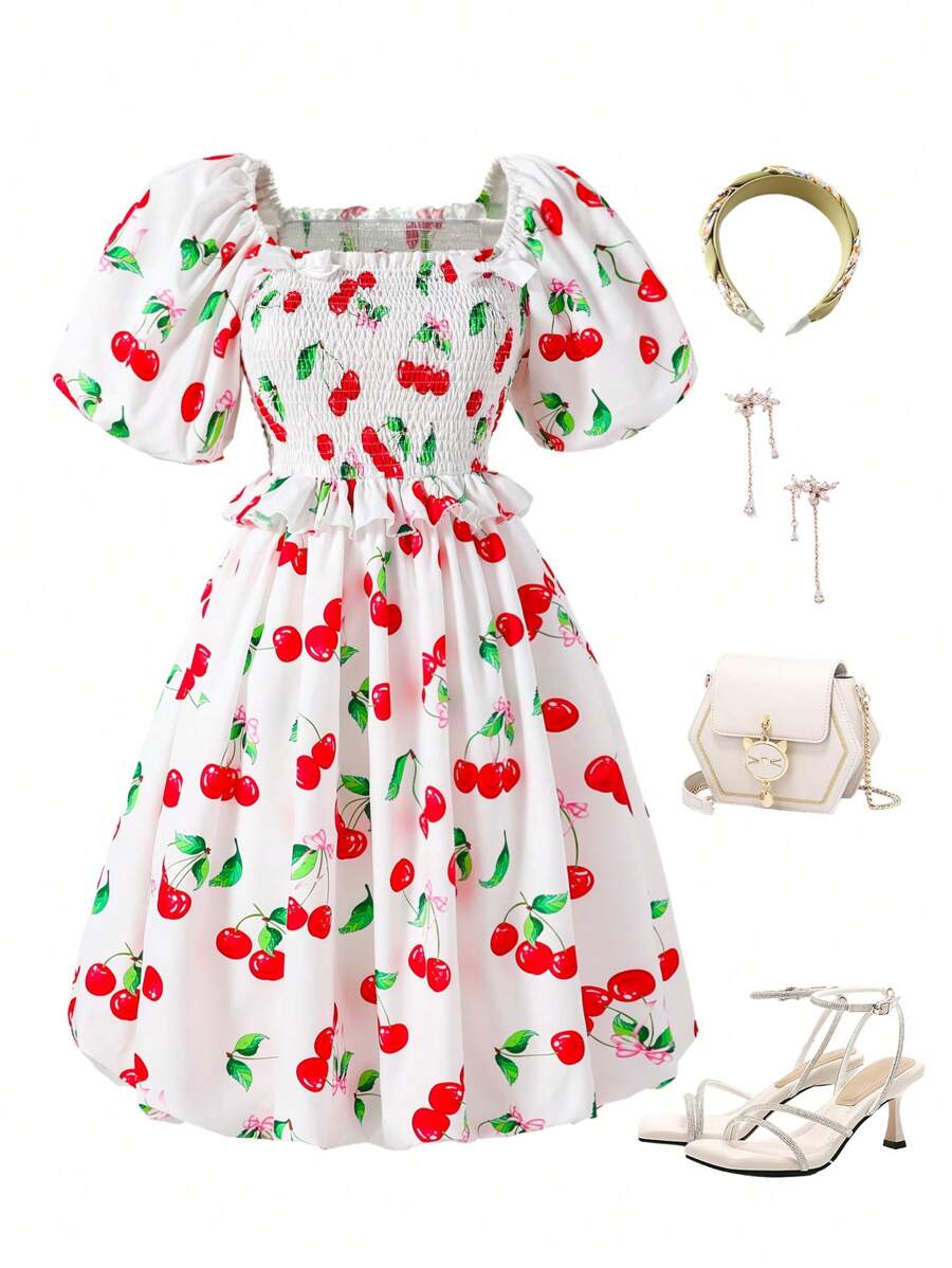Teens Girls' Fruit Print Asymmetric Neckline Short Sleeve A-Line Dress - White - View 1