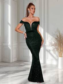 ADYCE Đầm dự tiệc lệch vai lưng cao đính sequin - màu xanh lá - Xem 1