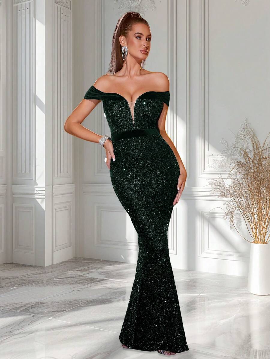 ADYCE Đầm dự tiệc lệch vai lưng cao đính sequin - màu xanh lá - Xem 1