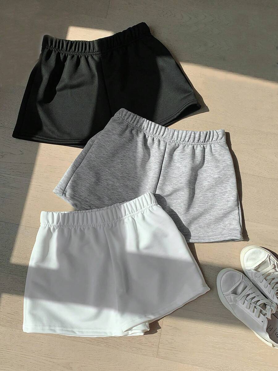 SHEIN PETITE 3pcs Women Solid Color Elastic Waist Shorts - Multicolor - View 1