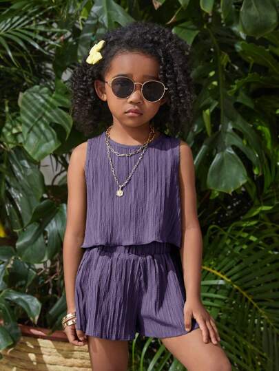 SHEIN 2 件装少女纯色编织圆领无袖上衣和宽松编织短裤套装