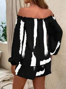 SHEIN LUNE 2pcs Women Swear Set: Off-Shoulder Frill Trim Tied Front Blouse And Shorts (Random Floral Prints) - Black - View 2