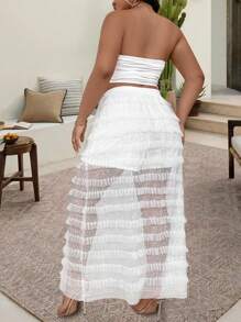 SHEIN Clasi Plus Solid Tube Top & Frill Trim Sequin Mesh Skirt For Summer - White - View 2
