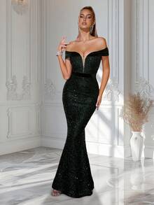 ADYCE Đầm dự tiệc lệch vai lưng cao đính sequin - màu xanh lá - Xem 6