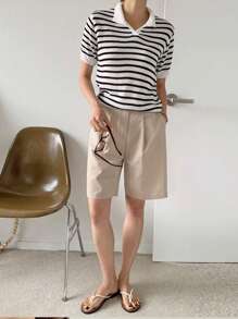 DAZY Women's Casual Colorblock Striped Short Sleeve Knit Blouse, Spring Summer - Black and White - View 7