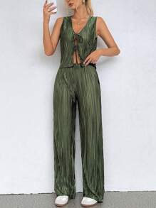 SHEIN Unity Conjunto de top sin mangas y pantalones largos de unicolor para mujer para uso diario - Verde - Ver 2