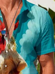 Manfinity RSRT Camisa informal de manga corta con diseño gráfico de arte colorido, estampado divertido de gallo, para el verano para hombres Manfinity RSRT