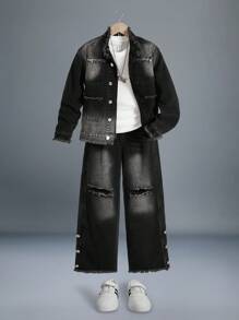 SHEIN Tween Boys 美国街头风格重度水洗、做旧和褪色牛仔休闲套装