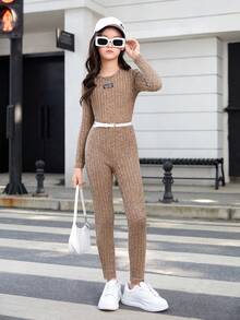 SHEIN Tween 女童简约街头风格运动休闲针织纯色圆领长袖连体裤 - 卡其色 - 查看 1