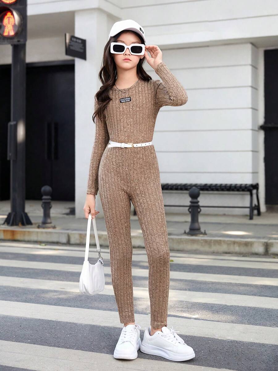 SHEIN Tween 女童简约街头风格运动休闲针织纯色圆领长袖连体裤 - 卡其色 - 查看 1