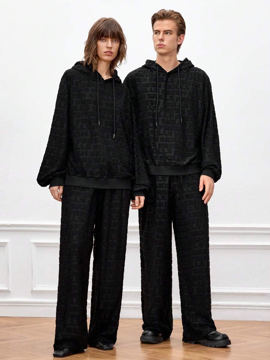 Manfinity VCAY 2pcs Men's Casual Knit Loose Fit Long Sleeve Sweatshirt & Pants Set, For Fall Winter - Black - View 1
