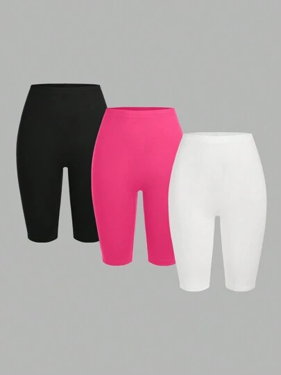 SHEIN EZwear 3pcs/Set Ladies' Casual Knitted Skinny Short Leggings, Summer Suitable For Going Out Women's Sportswear