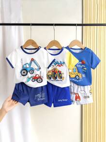 Set de 2 piezas de top de manga corta y pantalones cortos con estampado de coche lindo para bebés niños, 3 paquetes, verano - Azul - Ver 1