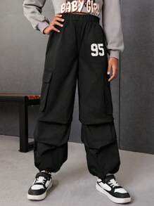 SHEIN Tween Girl Letter Graphic Flap Pocket Side Parachute Pants - Black - View 2