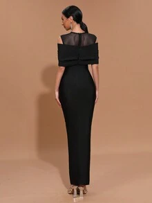Modphy New Elegant Round Neck Luxurious Sparkling Diamond Open Shoulder Bodycon Maxi Bandage Dress, Fashionable Party And Formal Evening Gown - Black - View 2