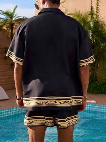 Zalmeno 男士纯色拼布短袖衬衫和短裤沙滩套装男士夏威夷衬衫和短裤，夏威夷 - 黑色 - 查看 2