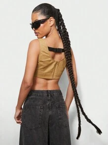 SUMWON WOMEN Áo ba lỗ ngắn tay tập luyện thể dục Áo crop top Áo ngực thể thao bó sát Phong cách thời trang Mùa hè Đồ thể thao năng động - Màu Khaki - Xem 2
