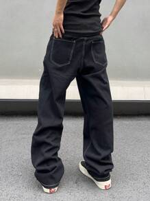 Manfinity Hypemode Plus Size Solid Color Simple Daily Wide-Leg Pants, Plain Long Baggy Dark Wash Jeans Black Washed Cargo Jeans, For Husband, Boyfriend Gifts