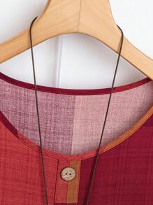 EMERY ROSE 夏季格子宽松圆领短袖大码女式衬衫 - 紅色 - 查看 4