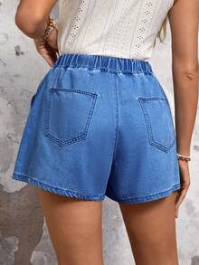 SHEIN LUNE Quần short denim dáng rộng có dây buộc eo dành cho nữ - Rửa tối - Xem 7