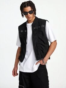 Manfinity VCAY Men's Solid Color Zipper Design Woven Vest, Hip Hop And Popular Style, For Fall Winter - Black - View 6