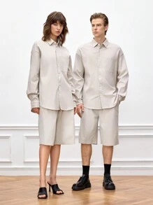 Mainfolk Men's Woven Casual Single-Breasted Solid Color Long Sleeve Shirt And Shorts Set - Apricot - View 3