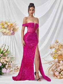 ADYCE Glittery Off Shoulder Fishbone Waist Long Streamer Front Slit Backless Party Prom Dress - Hot Pink - View 7