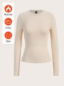 SHEIN BASICS Camiseta De Cuello Redondo De Manga Larga - Beis - Ver 2