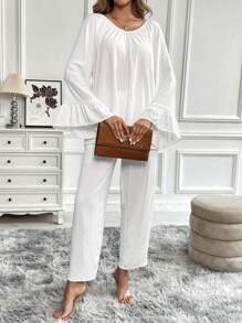 Chiquease 2pcs Women Casual White Outfit With Lace Patchwork Ruffle Hem Detail, For Autumn - White - View 6