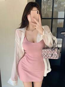 DAZY 女士纯色宽松落肩长袖休闲衬衫，适合春夏、秋季女装 - 白色 - 查看 8