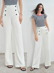 MOTF PREMIUM SOLID CONTRAST PIPING BUTTON DETAIL SUIT PANTS - White - View 2