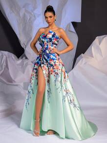SHEIN Belle Thiết kế đường viền cổ áo in satin thanh lịch Váy dạ hội xẻ tà dài đến sàn chữ A (Được tôn tạo nhiều) - Nhiều màu - Xem 5