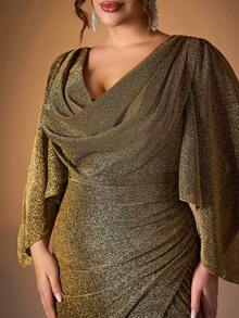 大码女式 Mgiacy 不对称领口撞色喇叭袖前褶开叉下摆正式晚礼服优雅长袖舞会半正式婚礼宾客礼服，适合生日、毕业典礼、返校节 - 金色 - 查看 3